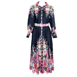Nwt Dalia MacPhee Dress Large Black Pink Floral Button-Front  Long Sleeve Mi…